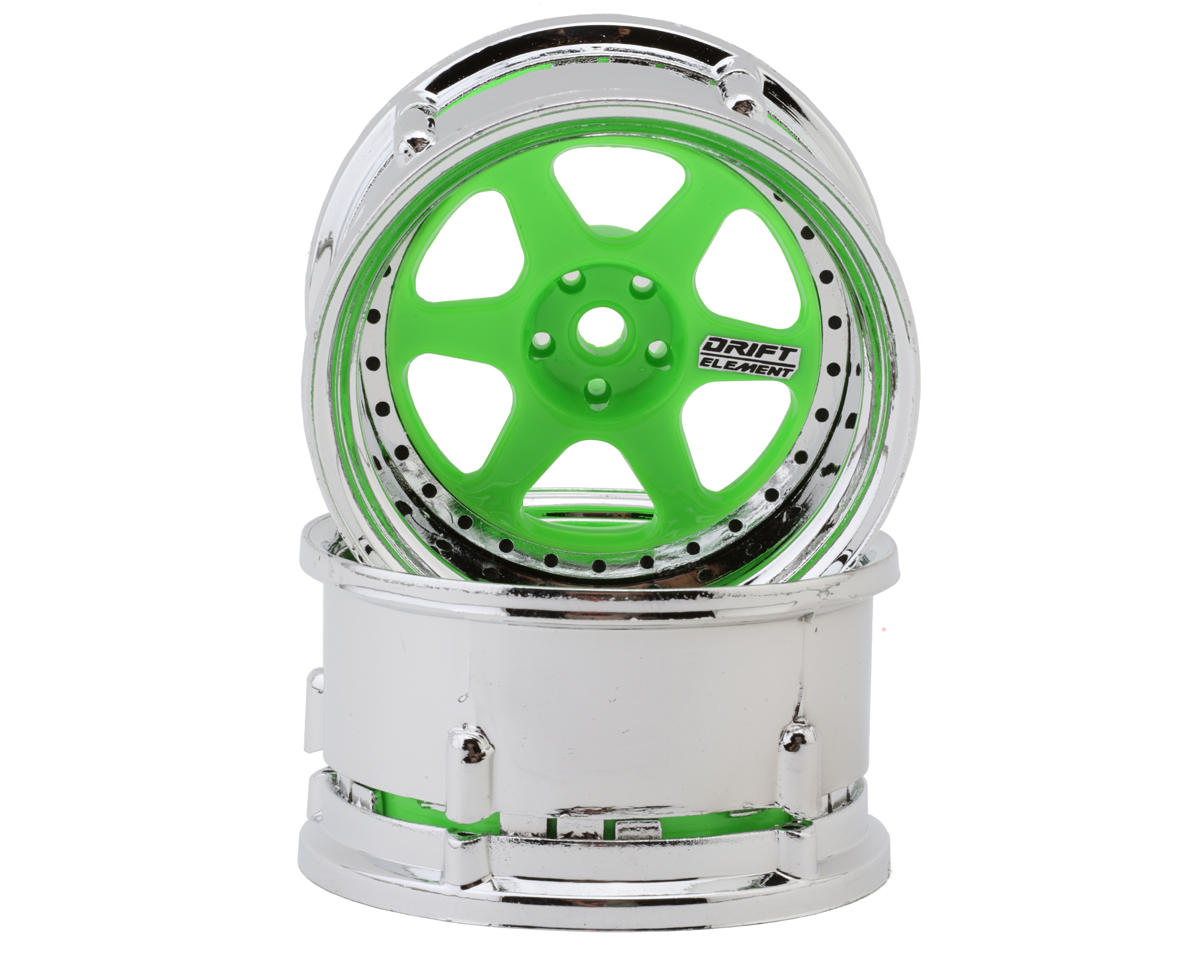 DS Racing Drift Element 6 Spoke Drift Wheels (Flu Green/Chrome Lip/Black Rivet) – image 1