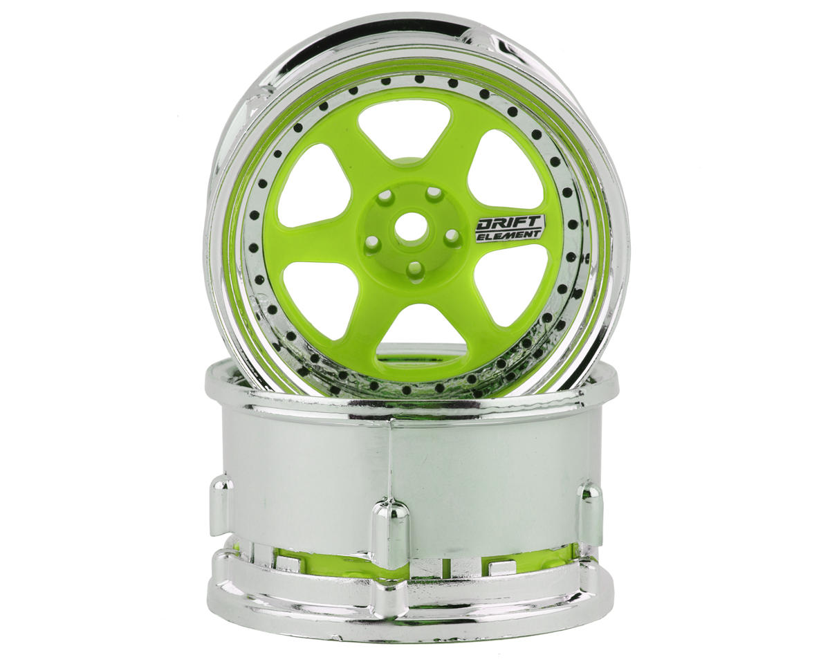 DS Racing Drift Element 6 Spoke Drift Wheel (Green Face/Chrome Lip/Black Rivets) – image 1