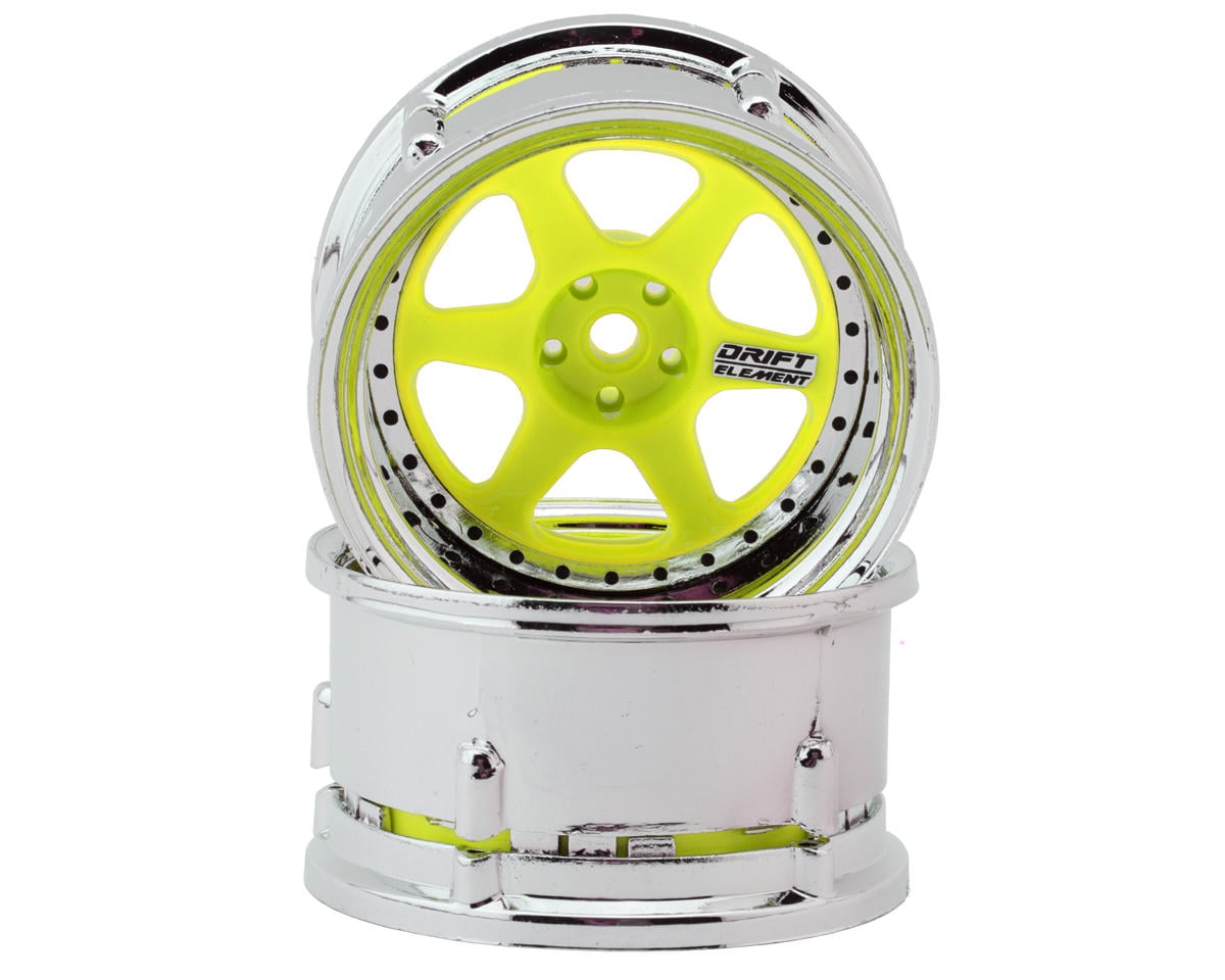 DS Racing Drift Element 6 Spoke Drift Wheels (Flu Yellow/Chrome Lip/Black Rivet) – image 1