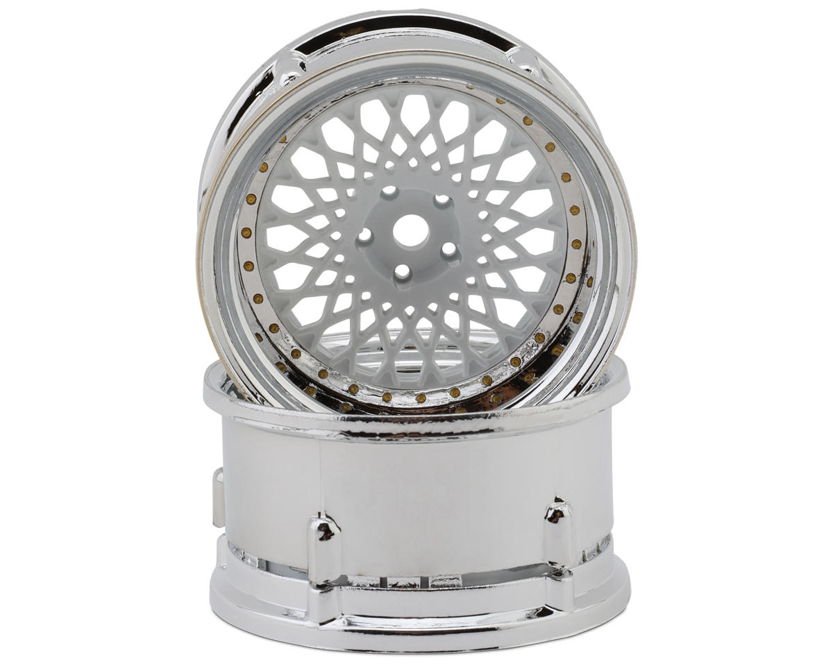 DS Racing Element Mesh 1/10 Drift Wheels (White w/Chrome Lip & Gold Rivets) – image 1